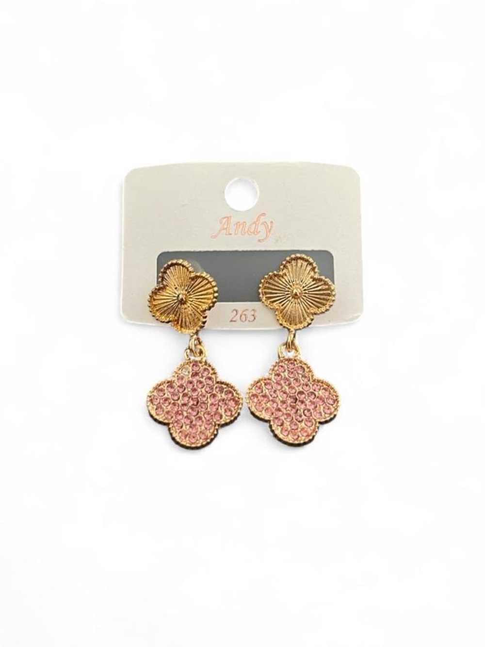 Gold-Tone Pink Crystal Clover Drop Earrings by